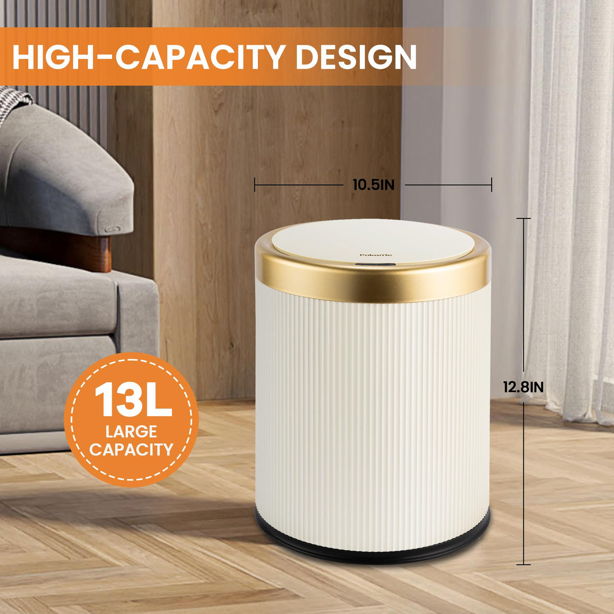 PUKOMC Gallon Touchless Trash Can, Automatic Lid Trash Can, Beige Color