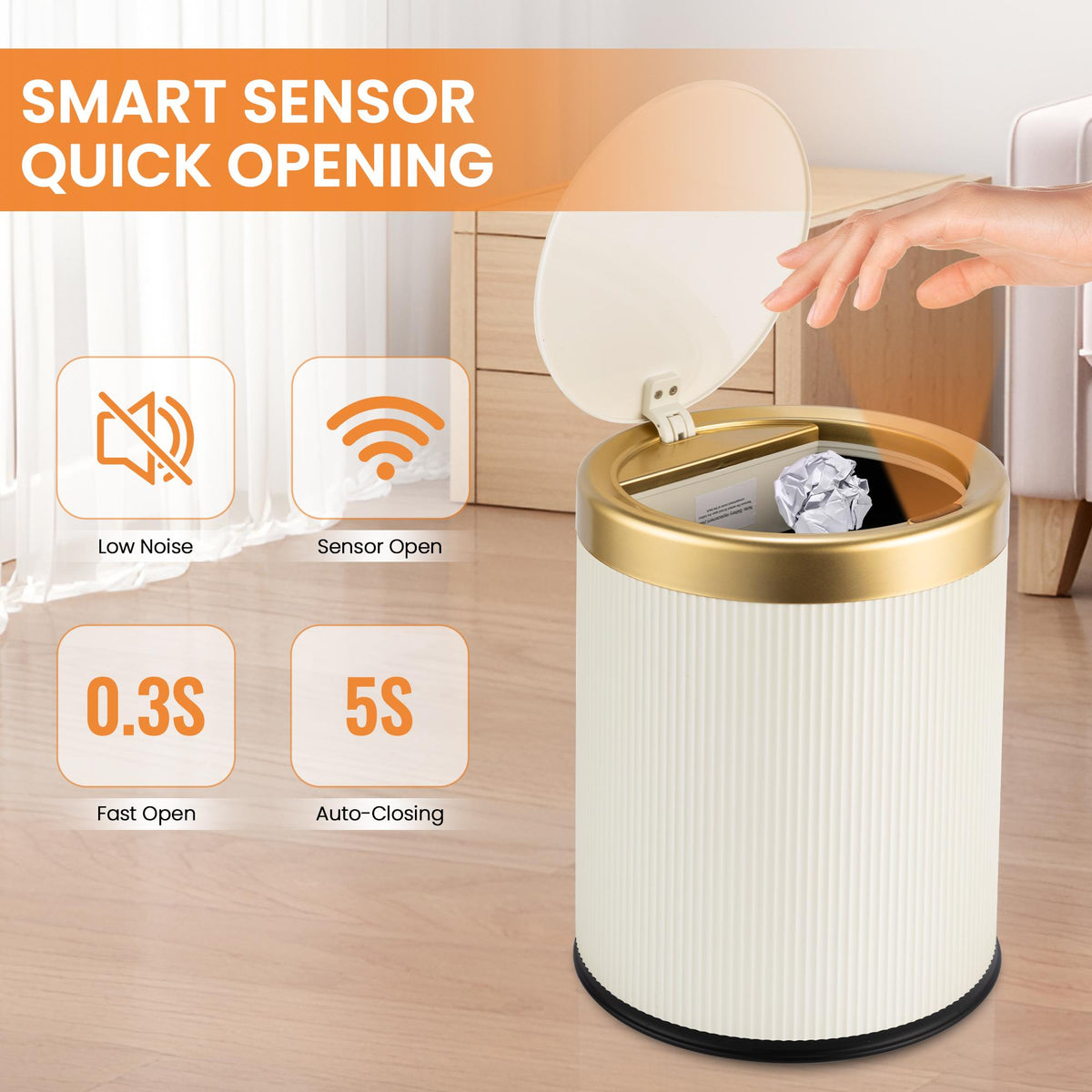 PUKOMC Gallon Touchless Trash Can, Automatic Lid Trash Can, Beige Color