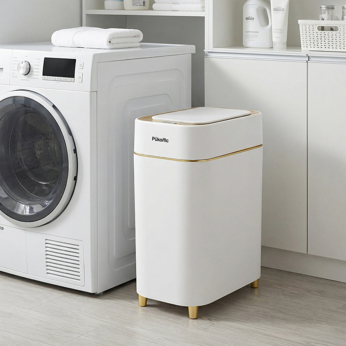 PUKOMC Automatic Adsorption Sensor Trash Can for Home, 2.3 Gallon / 9L, White Gold