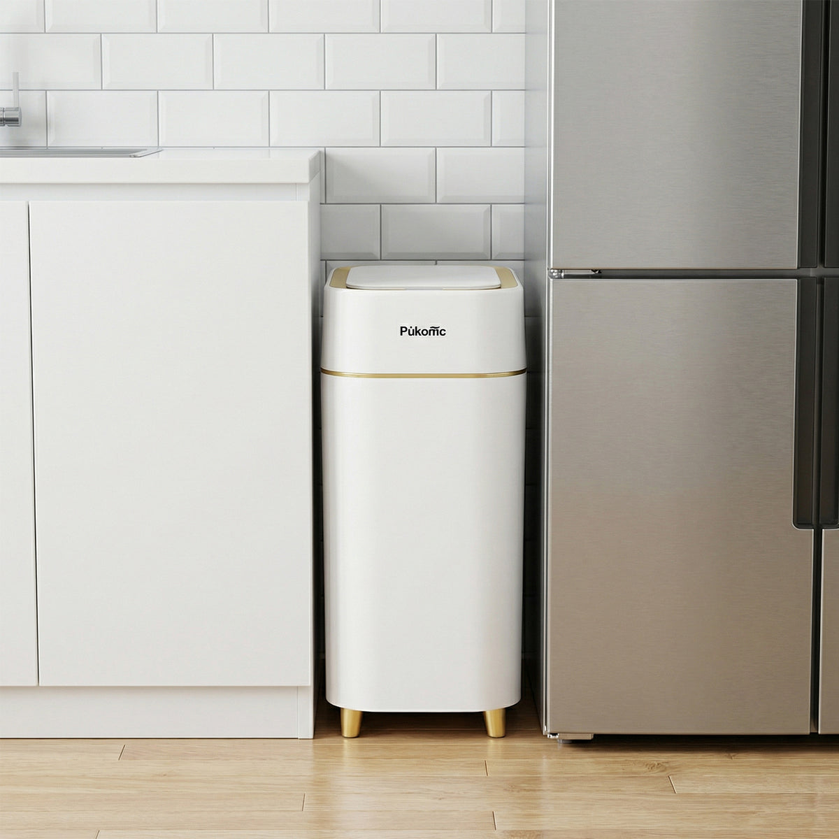 PUKOMC Automatic Adsorption Sensor Trash Can for Home, 2.3 Gallon / 9L, White Gold