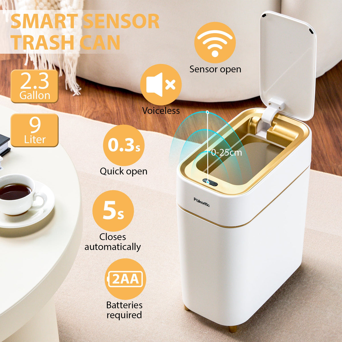 PUKOMC Automatic Adsorption Sensor Trash Can for Home, 2.3 Gallon / 9L, White Gold