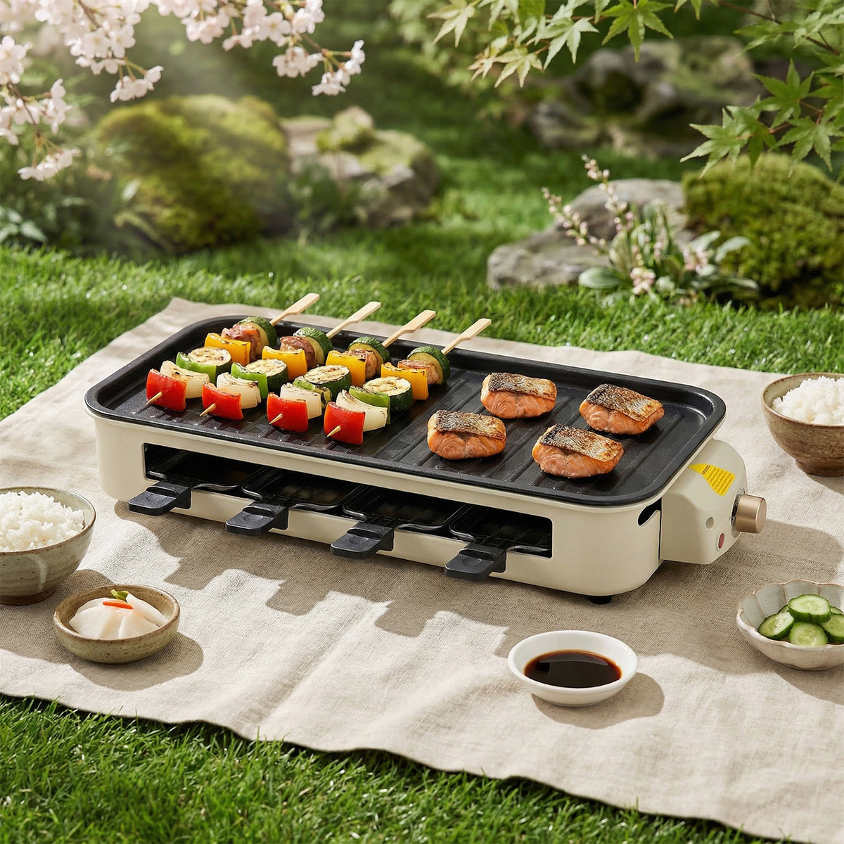 PUKOMC Smokeless Indoor Electric Grill, Beige Color