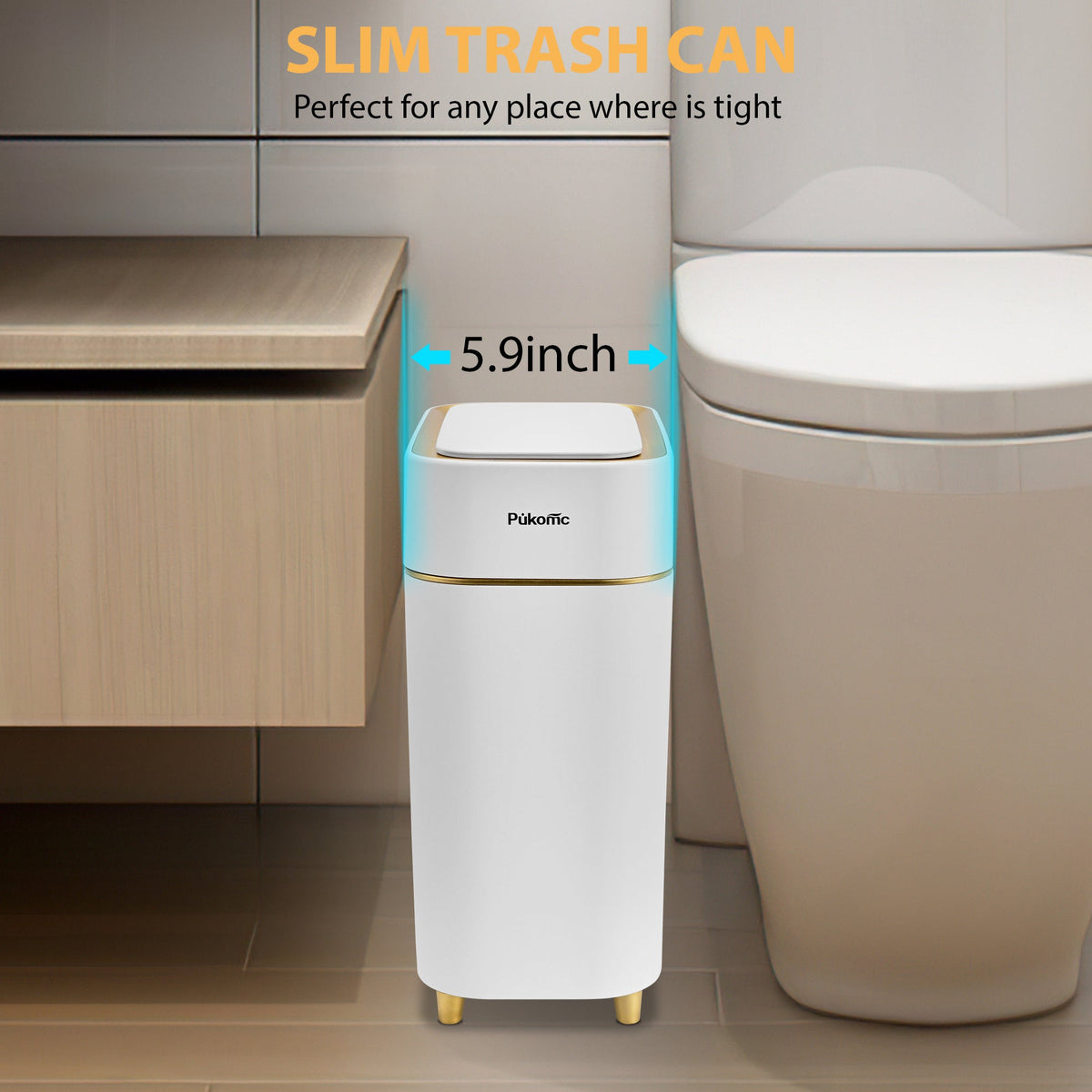 PUKOMC Automatic Adsorption Sensor Trash Can for Home, 2.3 Gallon / 9L, White Gold