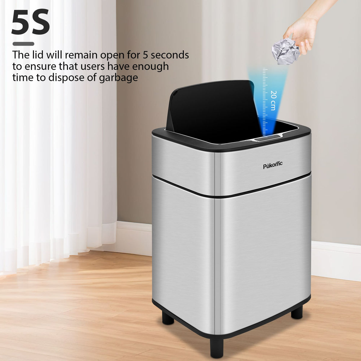 PUKOMC Stainless Steel Motion Sensor Trash Can for Home and Outdoor, 10 Liters Capacity
