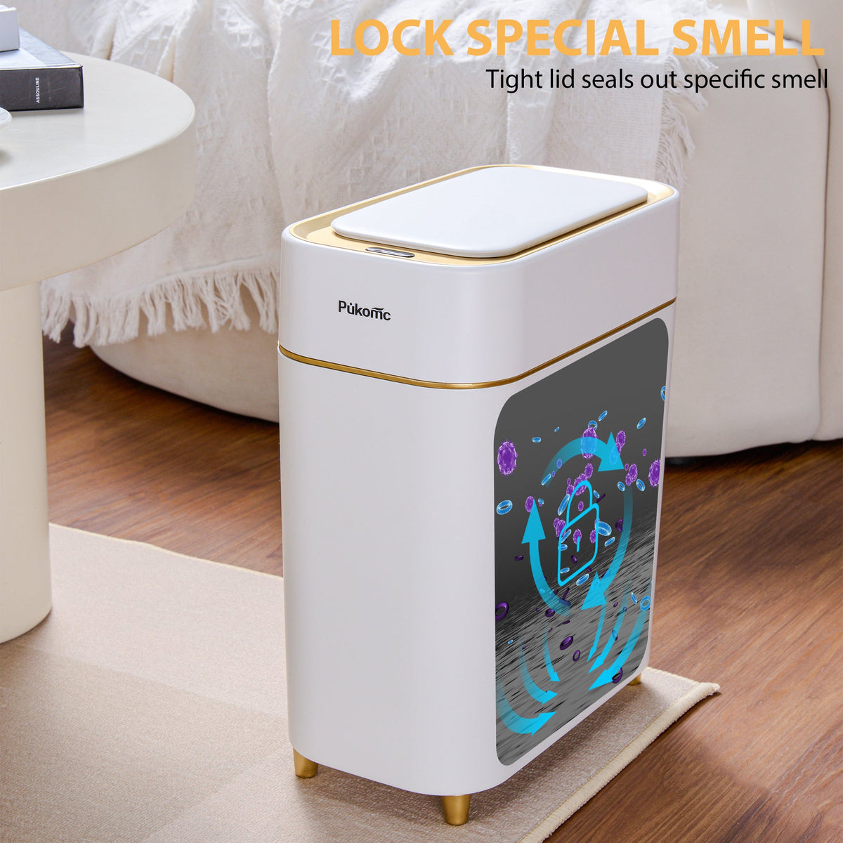 PUKOMC Automatic Adsorption Sensor Trash Can for Home, 2.3 Gallon / 9L, White Gold