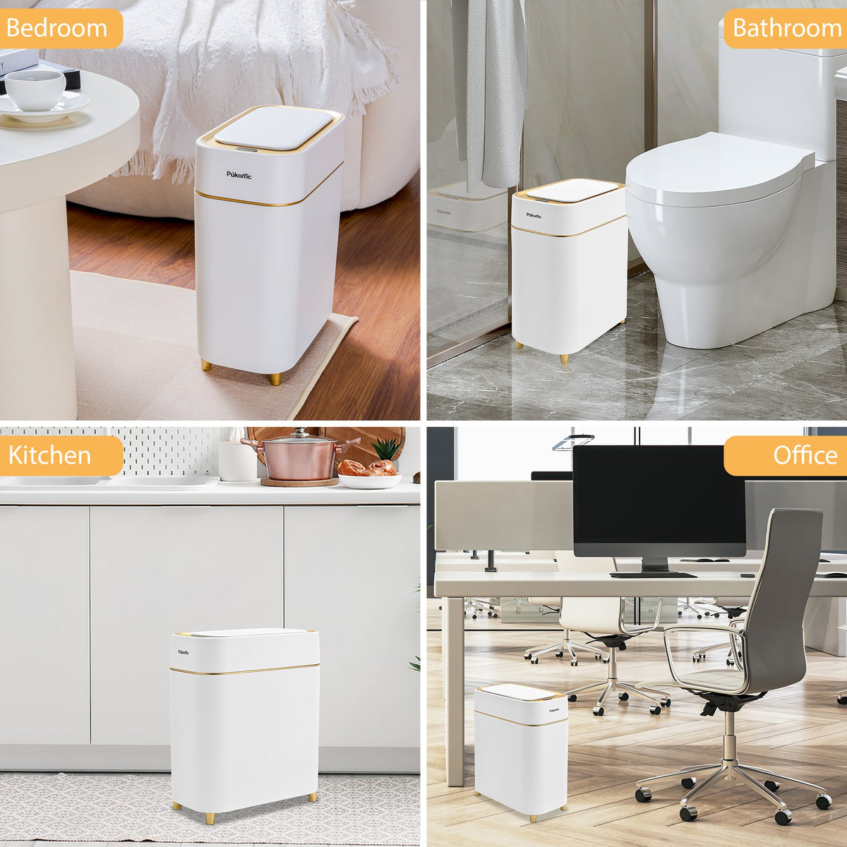 PUKOMC Automatic Adsorption Sensor Trash Can for Home, 2.3 Gallon / 9L, White Gold