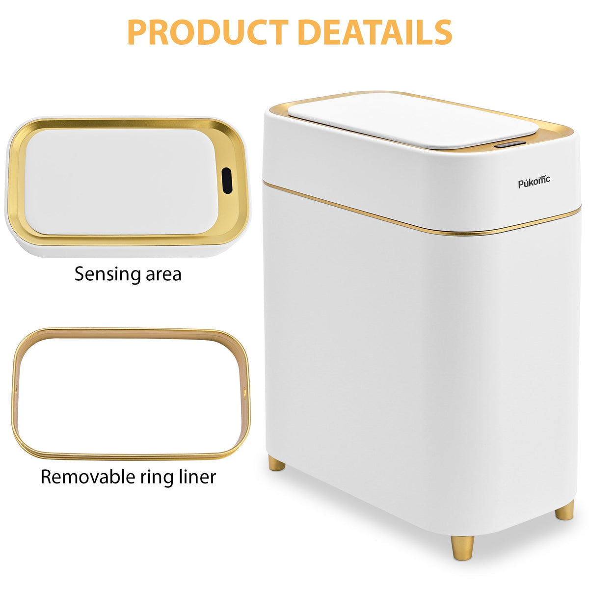 PUKOMC Automatic Adsorption Sensor Trash Can for Home, 2.3 Gallon / 9L, White Gold